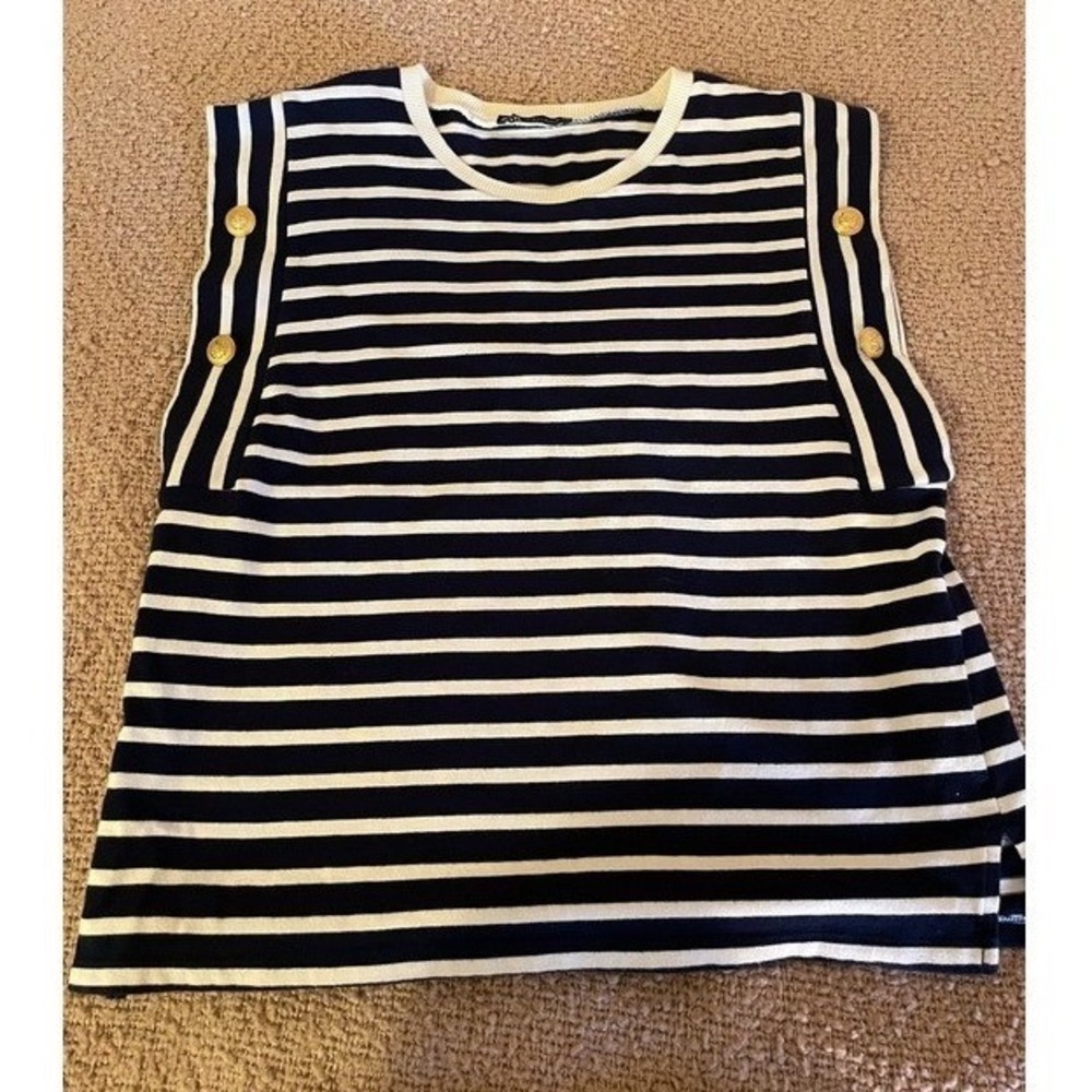Zara Striped Cap Sleeve Knit Top with Gold Shoulder Buttons Euro Summer-Medium
